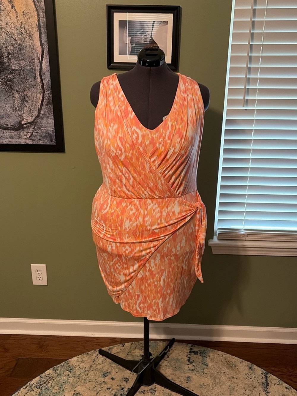 Orange Sleeveless Faux-Wrap Midi Dress